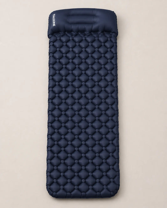 Navy blue inflatable camping mattress viewed from directly above, showing the full sleeping surface.