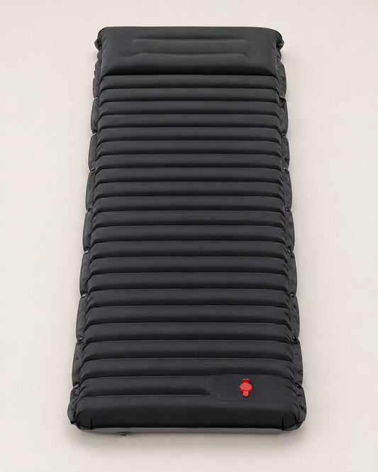 Black with Grey inflatable camping pad shown flat in a clean front studio view