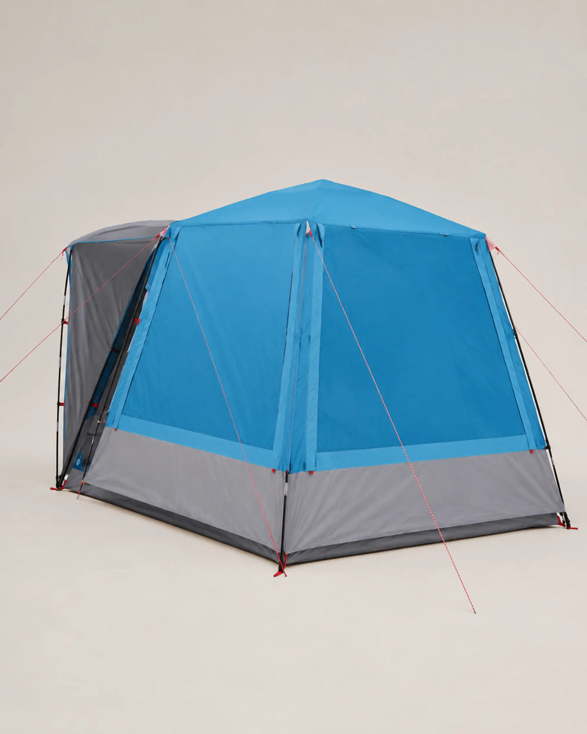 Rear three-quarter view of the blue large family camping tent