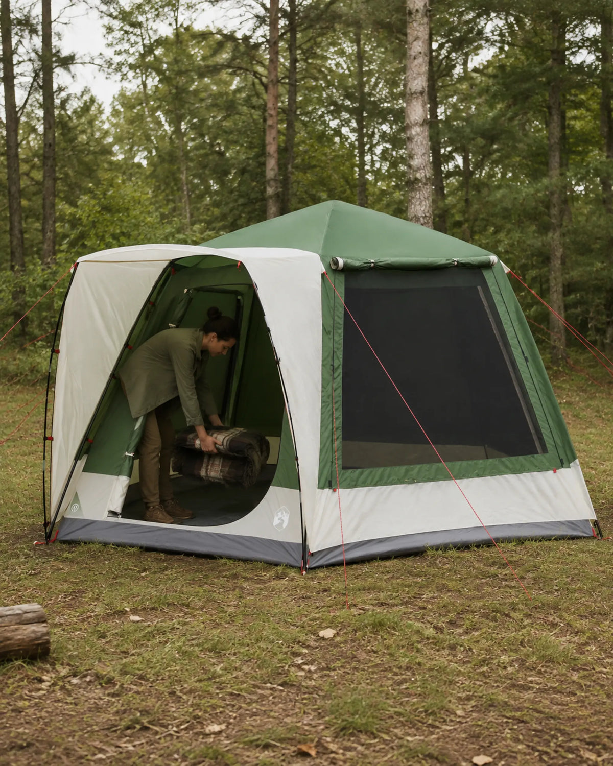 Camper placing a blanket inside the green family tent in the forest