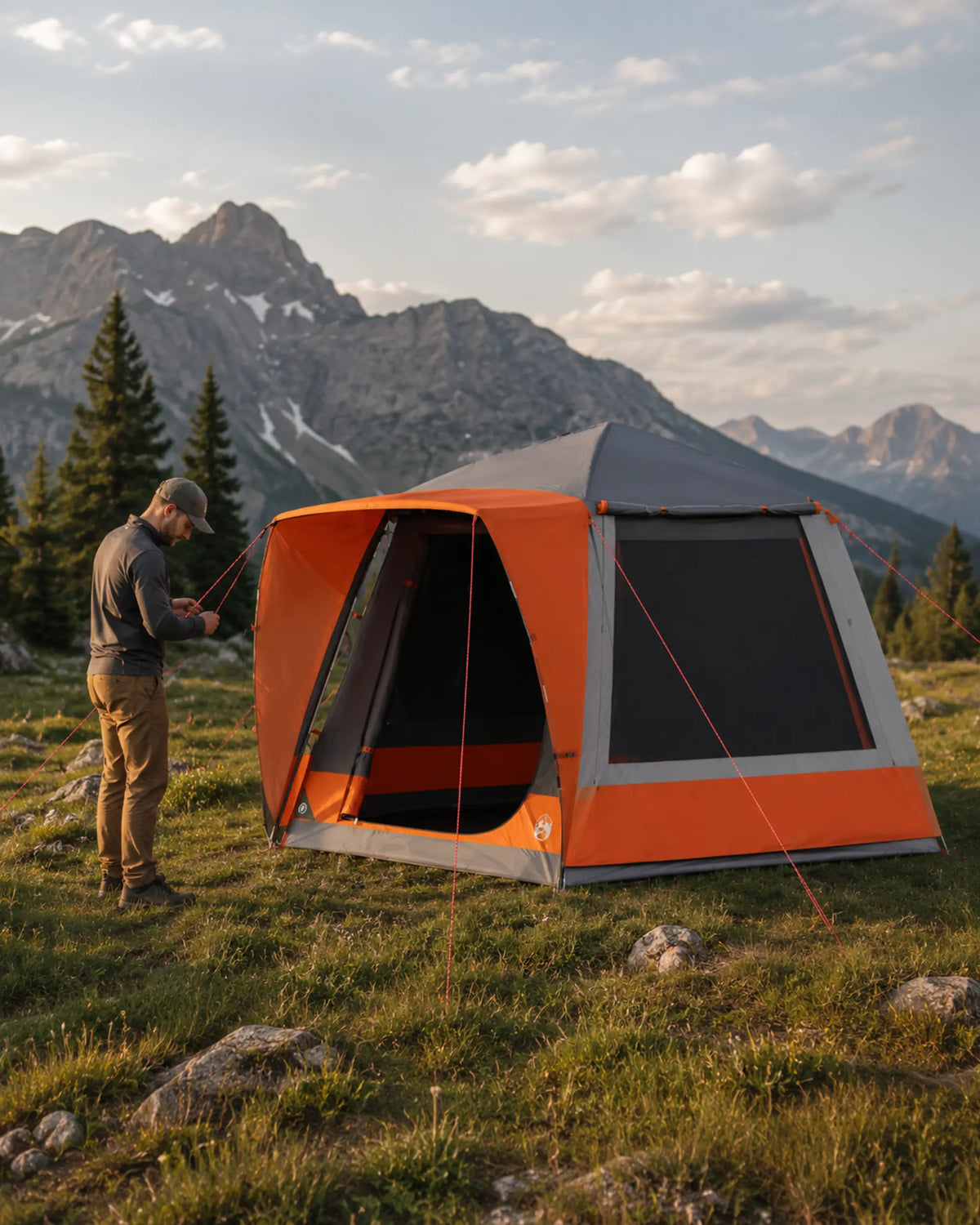 Camper tensioning the grey and orange family tent in a mountain meadow