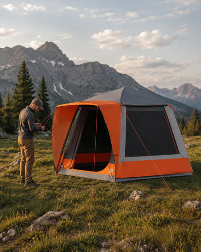Camper tensioning the grey and orange family tent in a mountain meadow