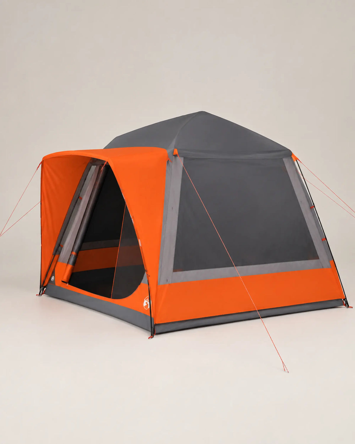 Grey and orange family camping tent shown from the rear angle