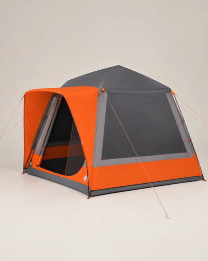 Grey and orange family camping tent shown from the rear angle