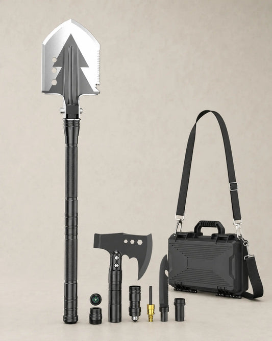 ARWE multifunction camping shovel and carrying case in a clean front studio view