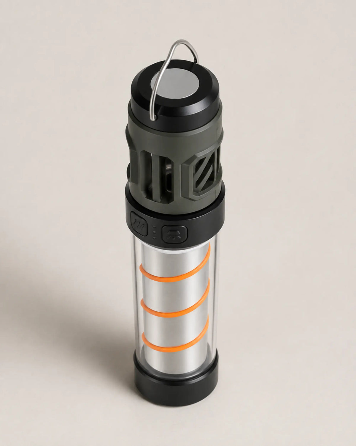 Elevated view of the AH06 LED camping lantern and folding wire handle