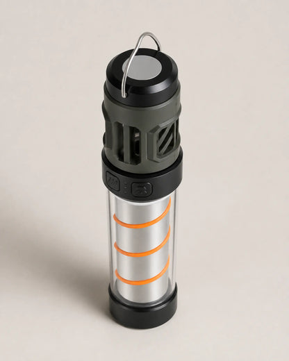 Elevated view of the AH06 LED camping lantern and folding wire handle