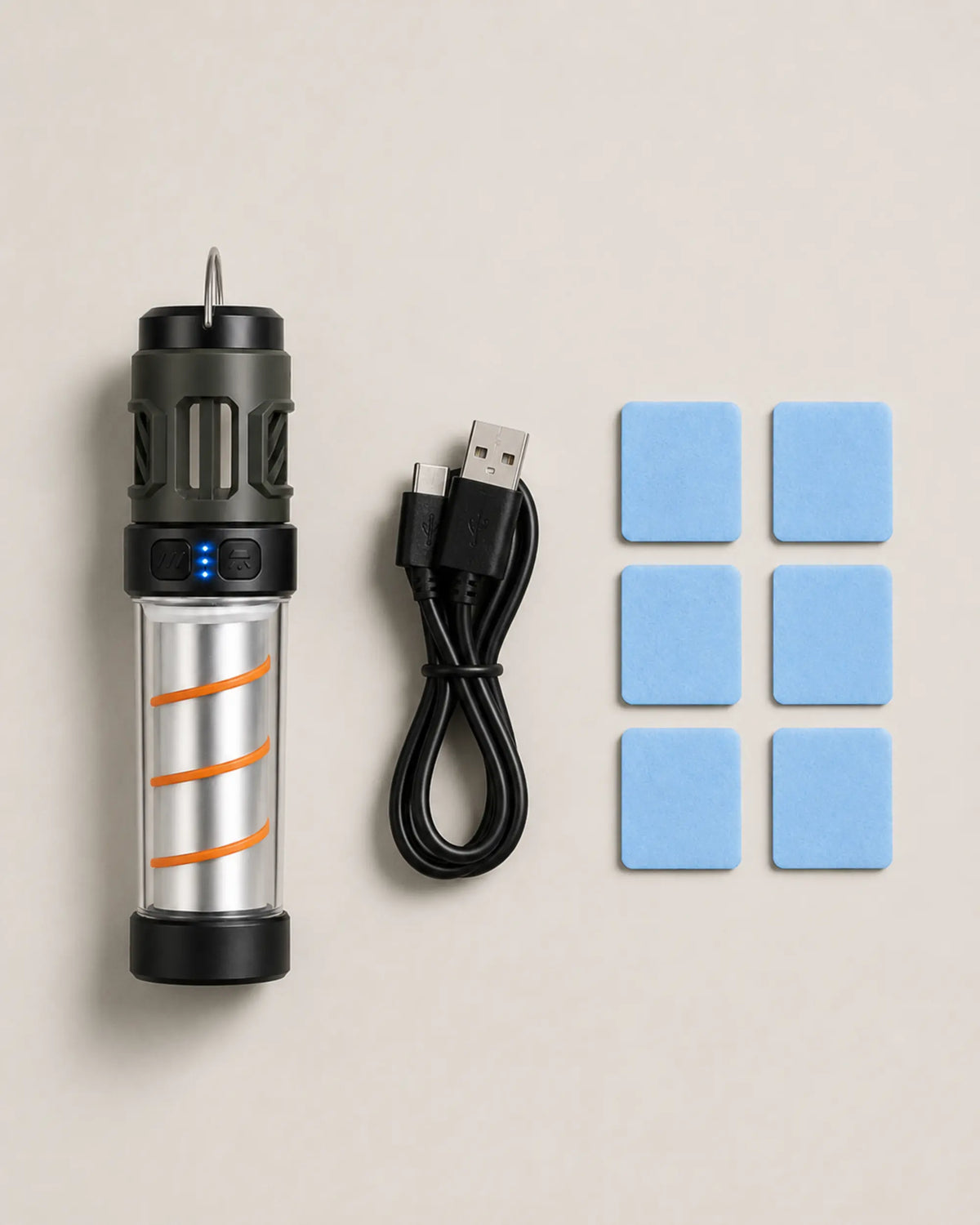 AH06 camping lantern with USB charging cable and six mosquito-repellent pads