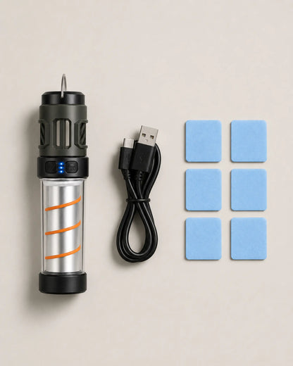 AH06 camping lantern with USB charging cable and six mosquito-repellent pads