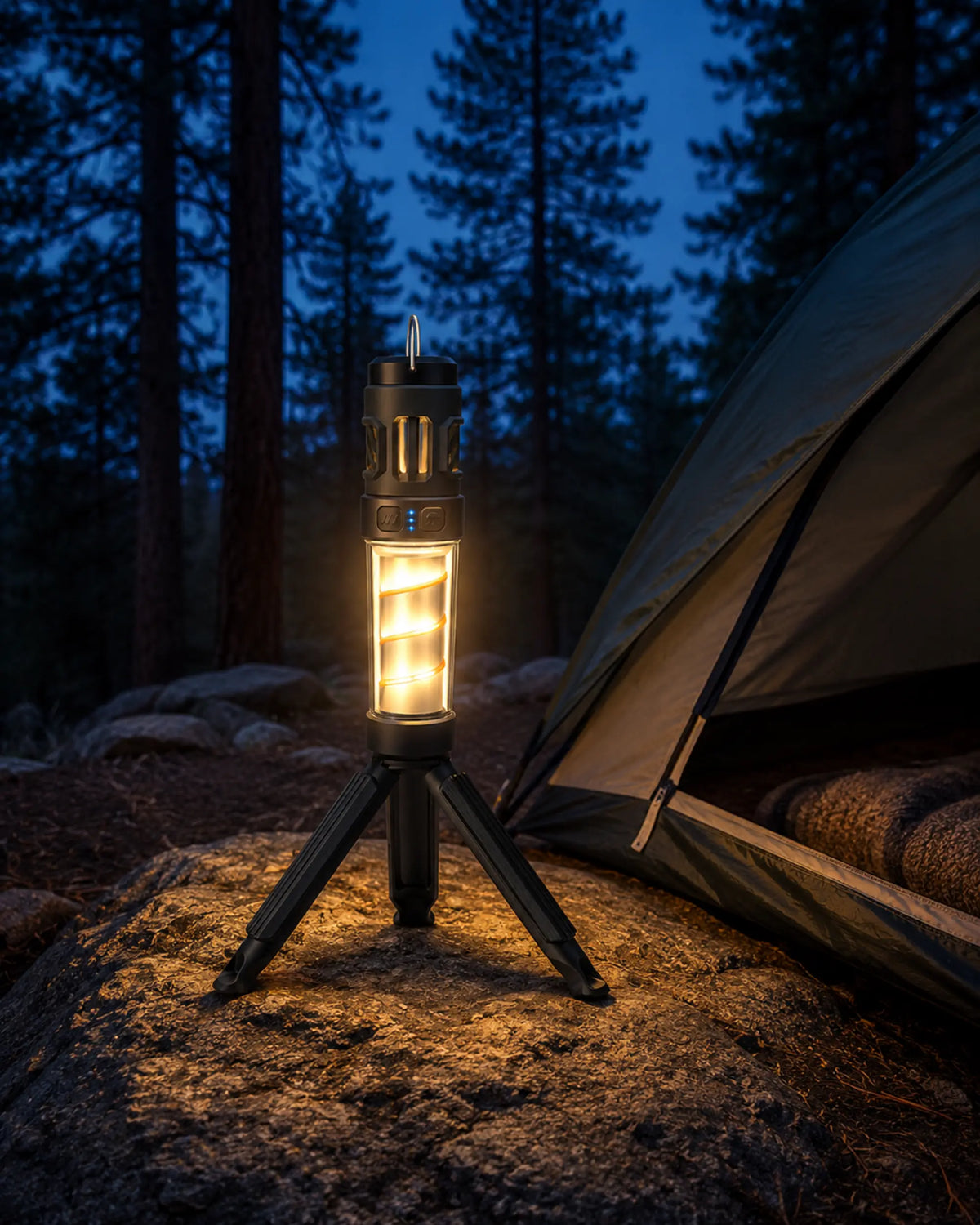 Illuminated AH06 lantern on its tripod bracket beside a forest tent
