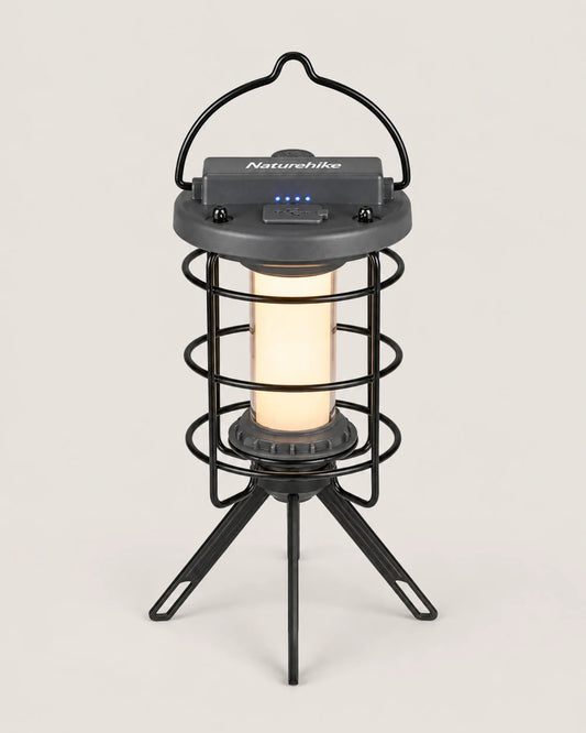 Naturehike Meteorite Black rechargeable camping lantern front hero with tripod stand