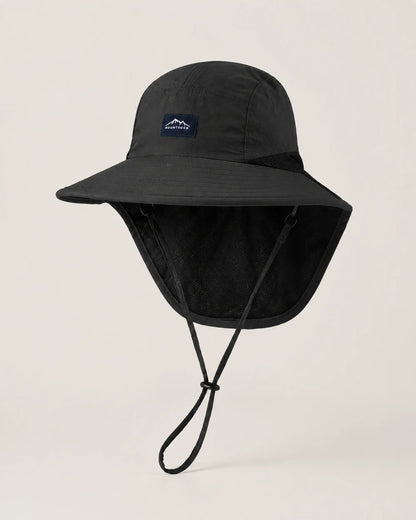 Black wide-brim sun hat with mesh neck flap in front studio view