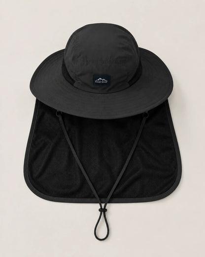 Top-down flat lay of black sun hat with brim, neck flap and chin cord