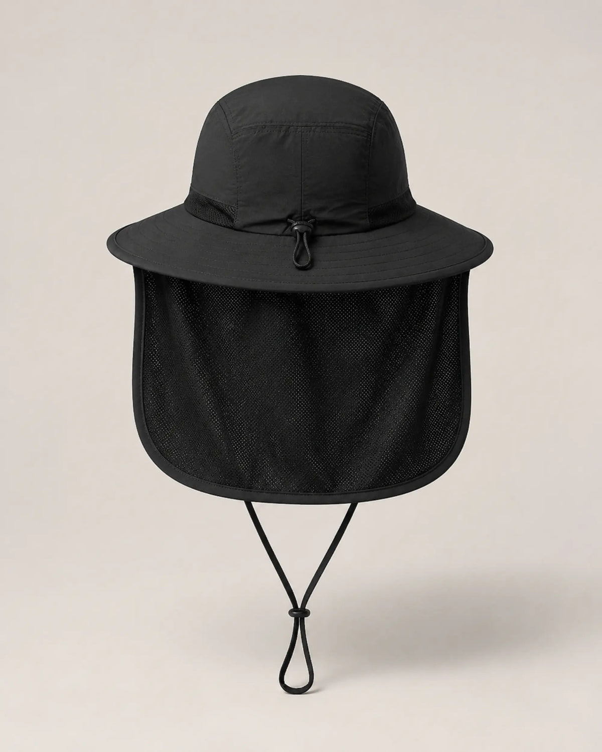 Rear view of black sun hat showing the breathable mesh neck curtain