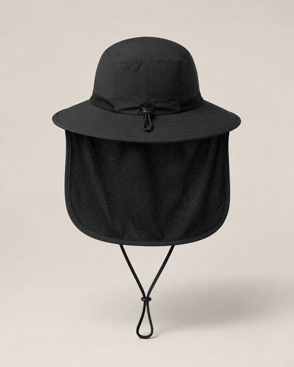 Rear view of black sun hat showing the breathable mesh neck curtain