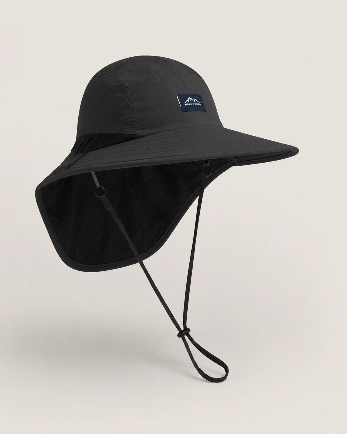 Black neck-flap sun hat shown from the right three-quarter studio angle