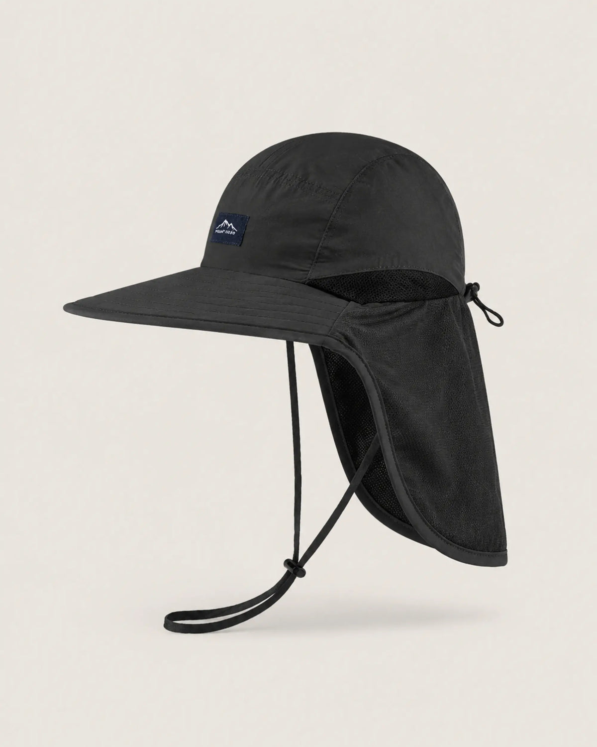 Black wide-brim sun hat in true side profile with mesh neck protection