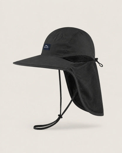 Black wide-brim sun hat in true side profile with mesh neck protection
