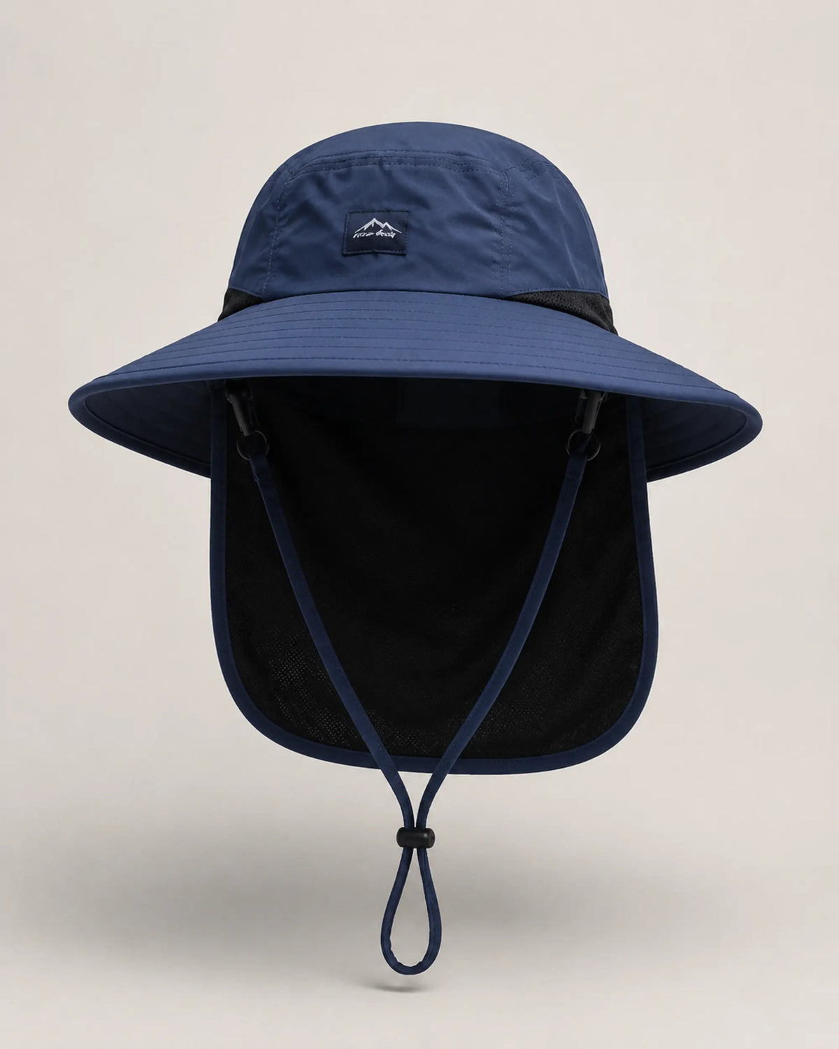 Dark blue wide-brim sun hat with black mesh neck flap in front view