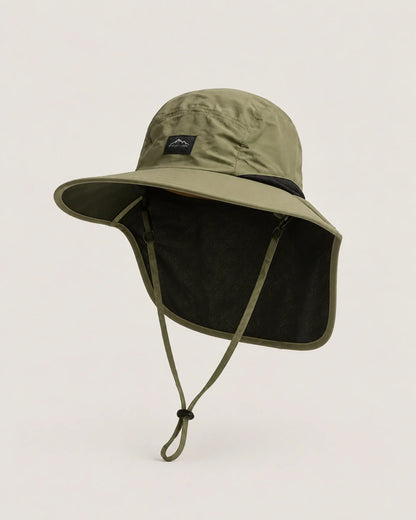Green wide-brim sun hat with black mesh neck flap in front studio view