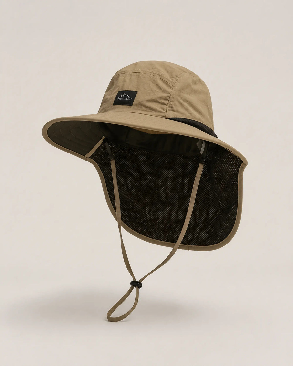 Khaki wide-brim sun hat with black mesh neck flap in front studio view