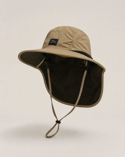 Khaki wide-brim sun hat with black mesh neck flap in front studio view