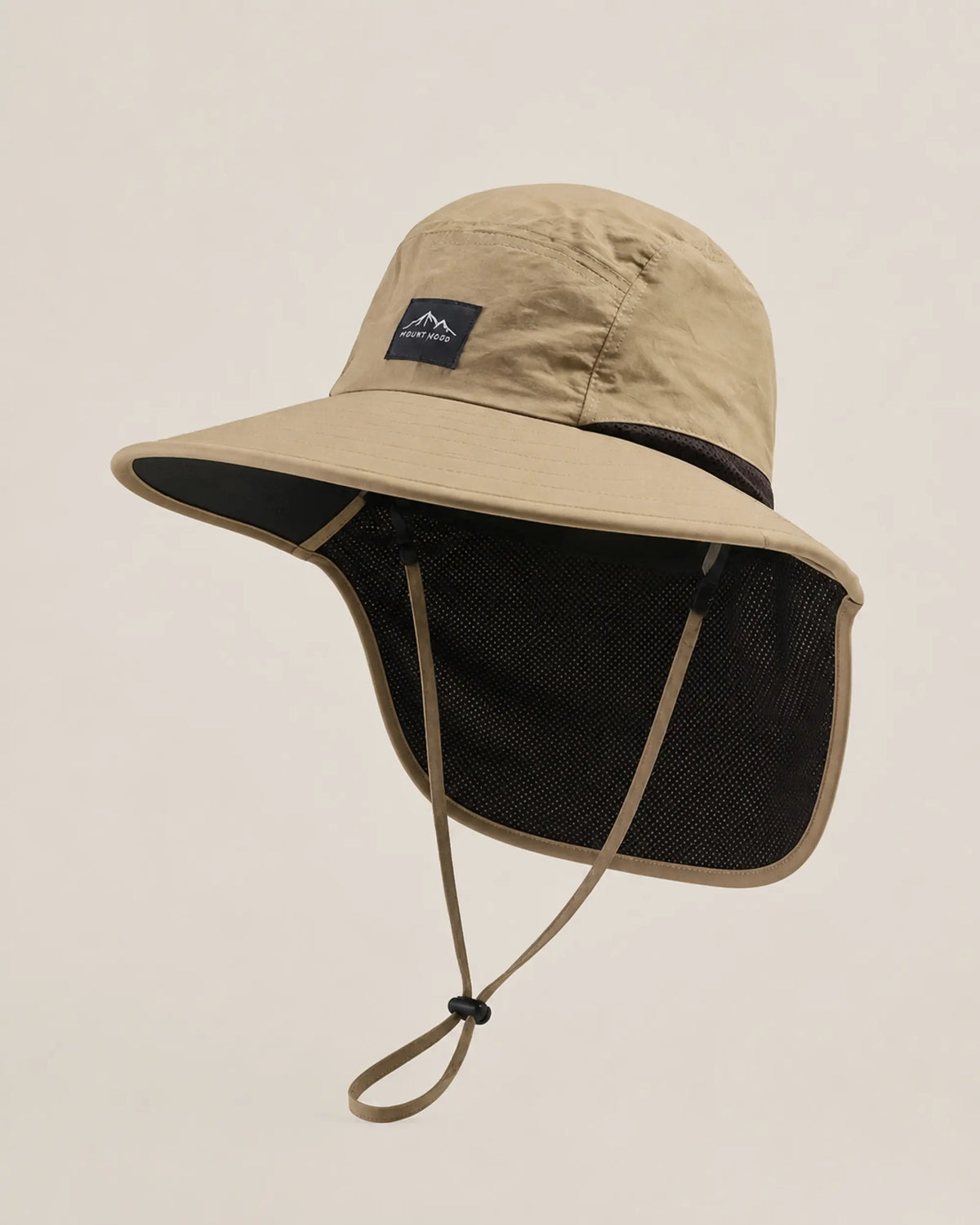 Khaki neck-flap sun hat shown from a left three-quarter studio angle