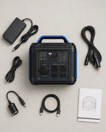 Blue P302 power station with adapter cables and manual in overhead flat lay