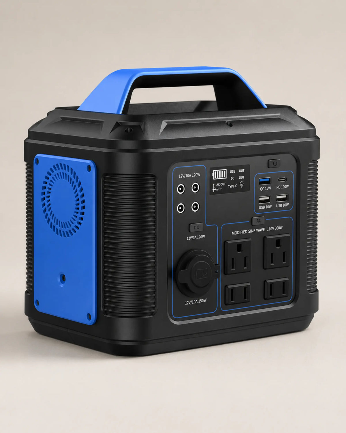 Blue P302 portable power station viewed from the front left