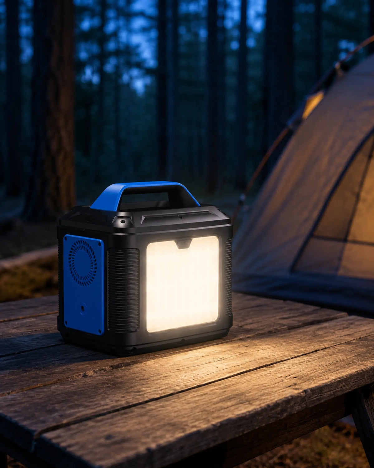 Blue P302 power station rear light illuminating a nighttime forest campsite