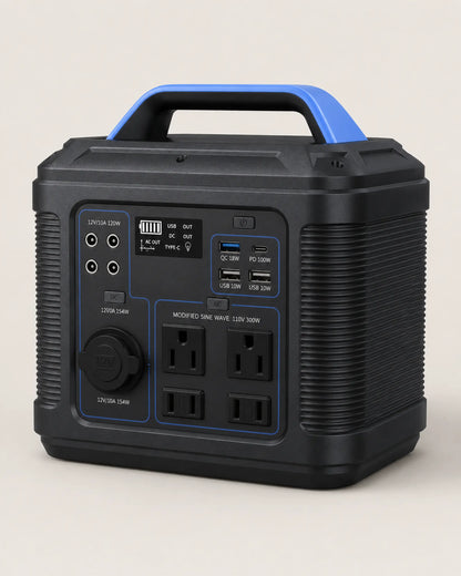 Blue P302 portable power station viewed from the front right