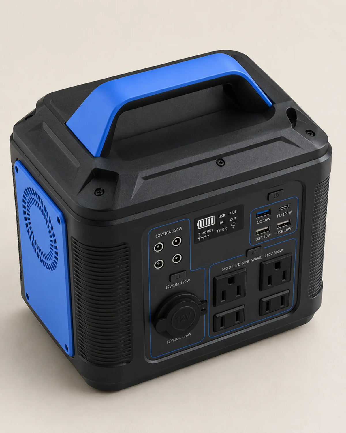 Elevated view of Blue P302 power station handle and control panel