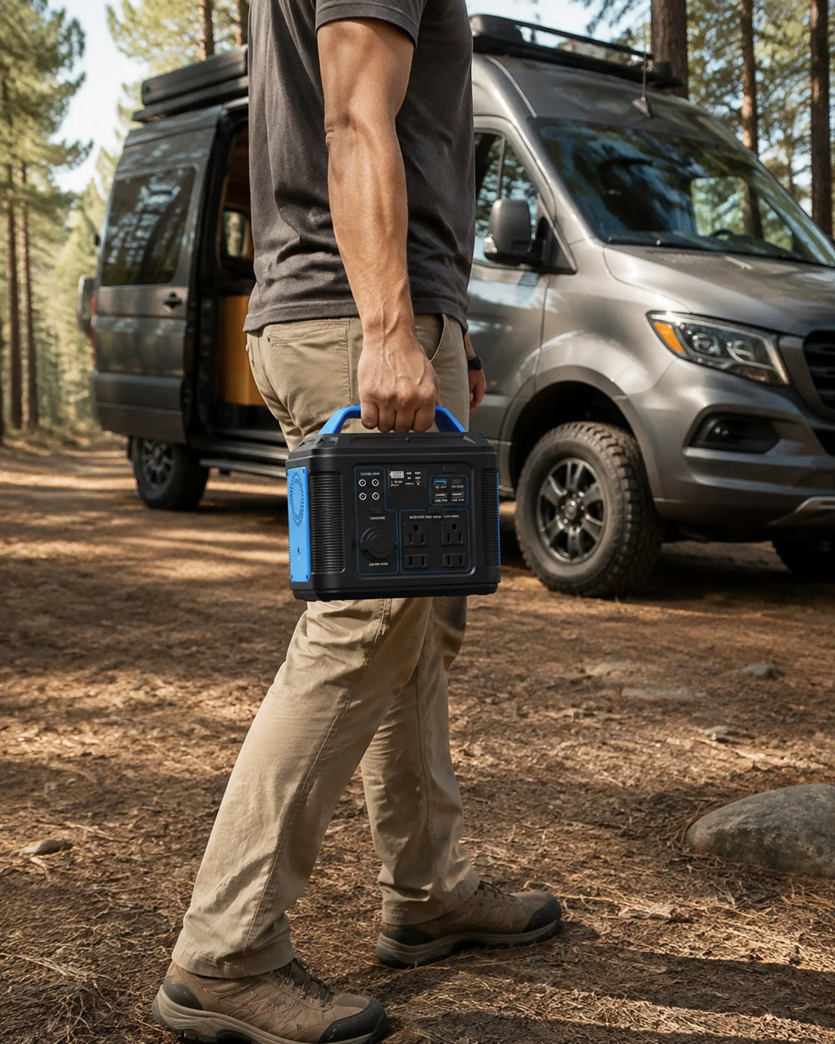 Camper carrying Blue P302 portable power station beside an adventure van