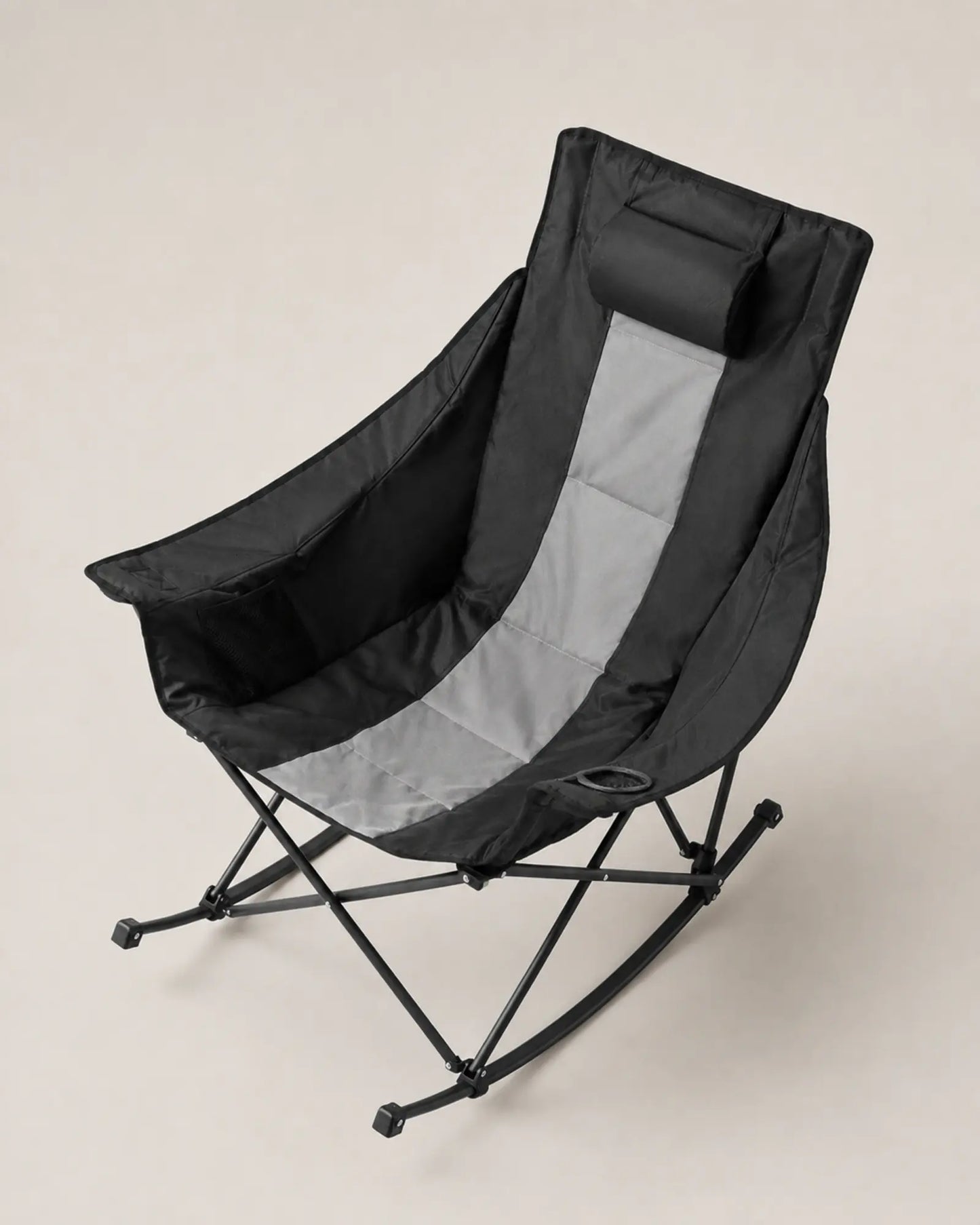 Elevated view of the padded seat, headrest and side storage