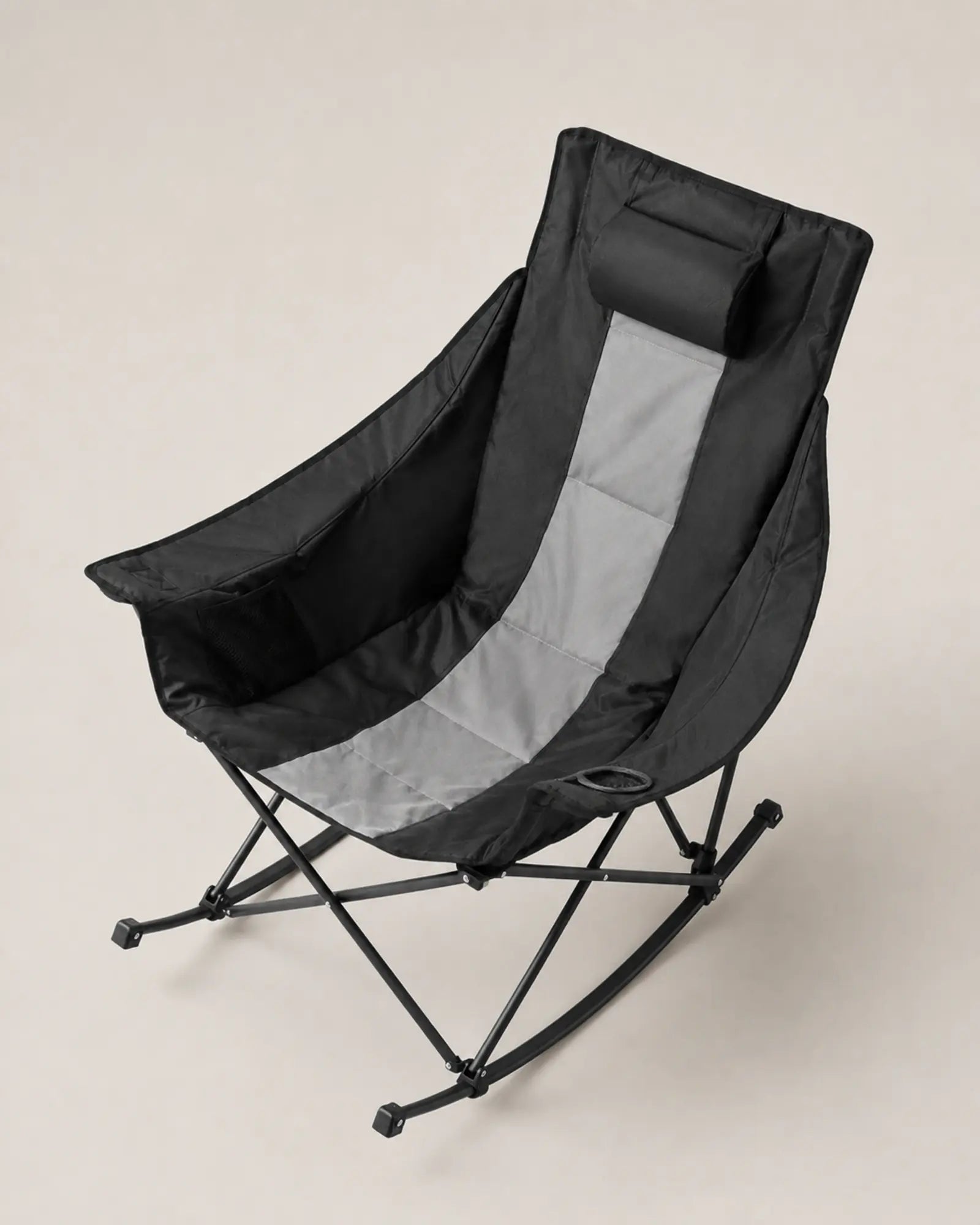 Elevated view of the padded seat, headrest and side storage