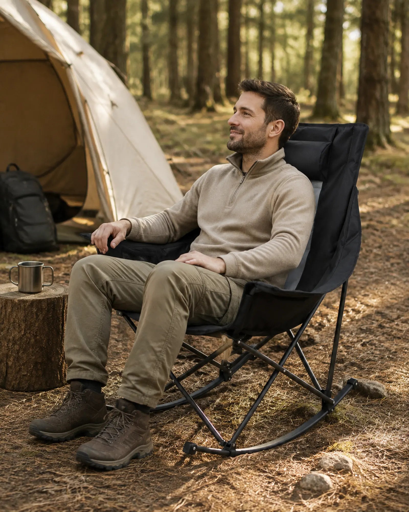 Adult relaxing in the black and grey rocking chair at a campsite
