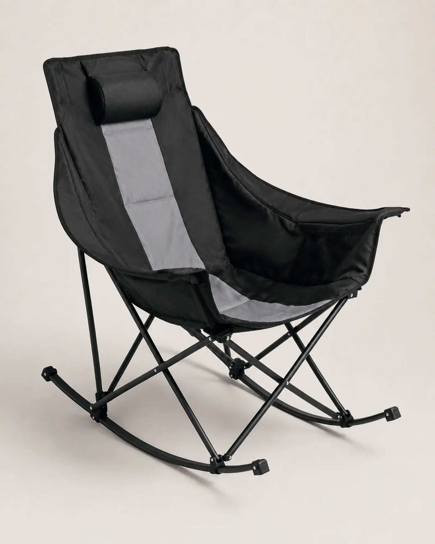 Padded outdoor rocking chair shown from the right three-quarter angle