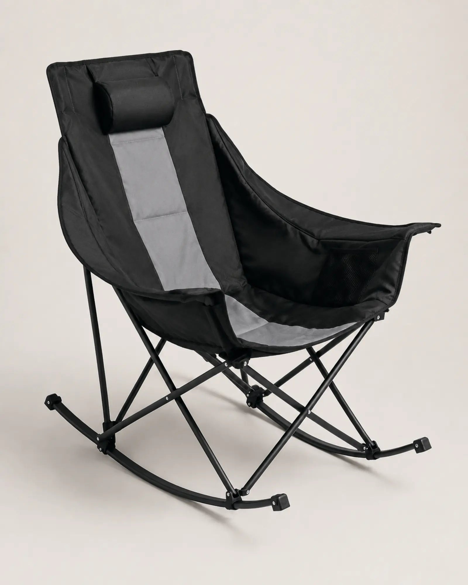 Padded outdoor rocking chair shown from the right three-quarter angle