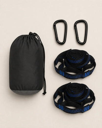 Packed hammock kit with two tree straps and black carabiners