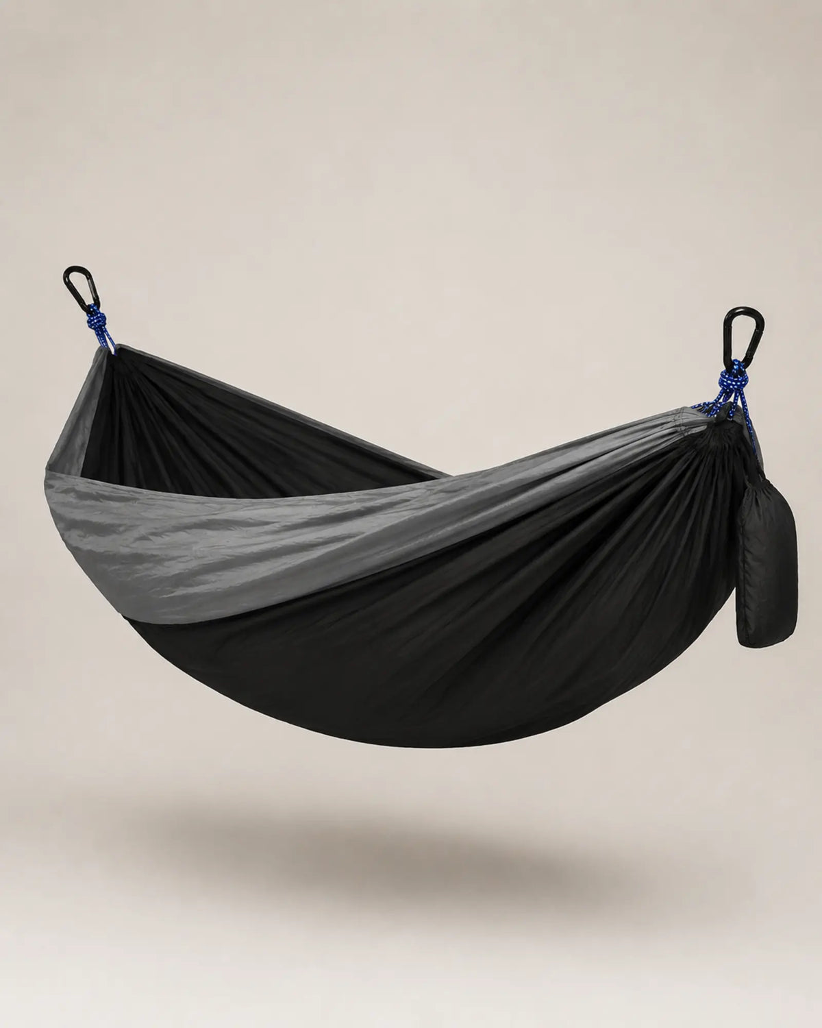 Black fight gray parachute hammock shown from the right rear angle