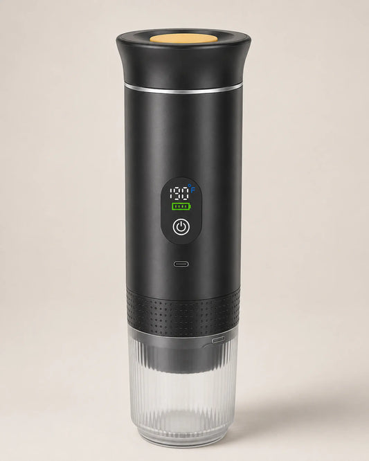 Black portable espresso machine front hero view with clear brewing cup