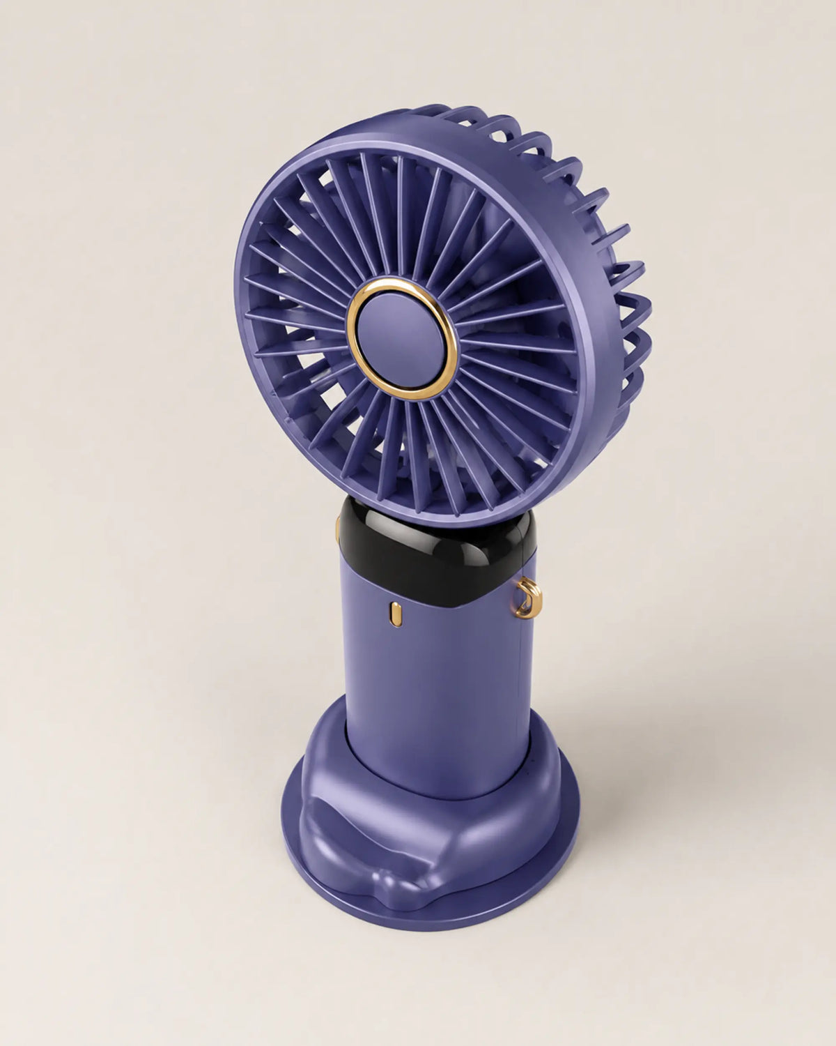 Elevated view of Blue portable fan displaying grille, controls, and desktop base
