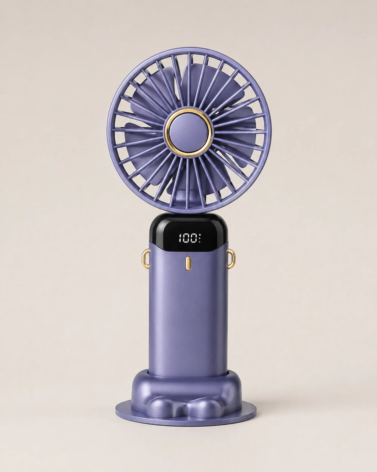 Blue portable fan front view upright on its sculpted desktop base