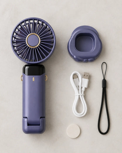 Blue portable fan with removable base, USB cable, lanyard, and aroma pad