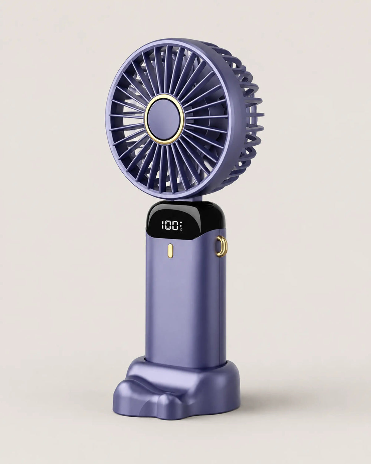 Blue portable fan shown from left three-quarter angle on stone-grey backdrop