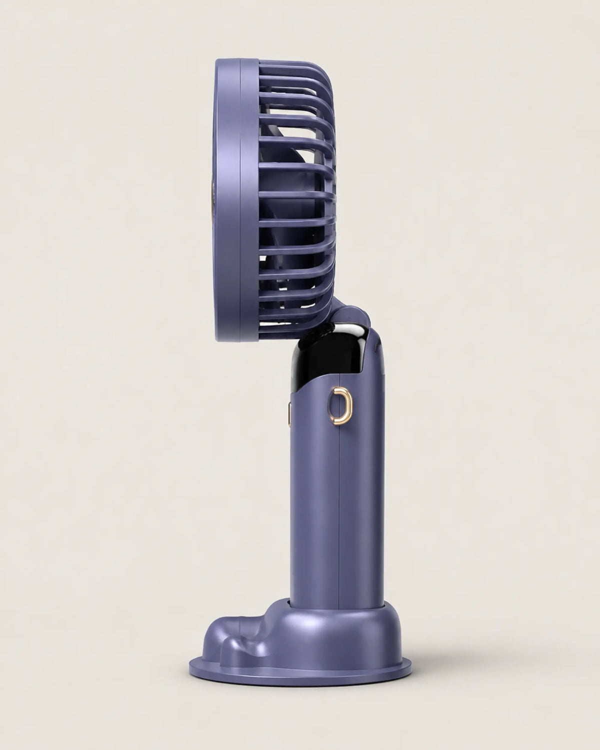Blue foldable portable fan side profile revealing circular grille depth and hinge