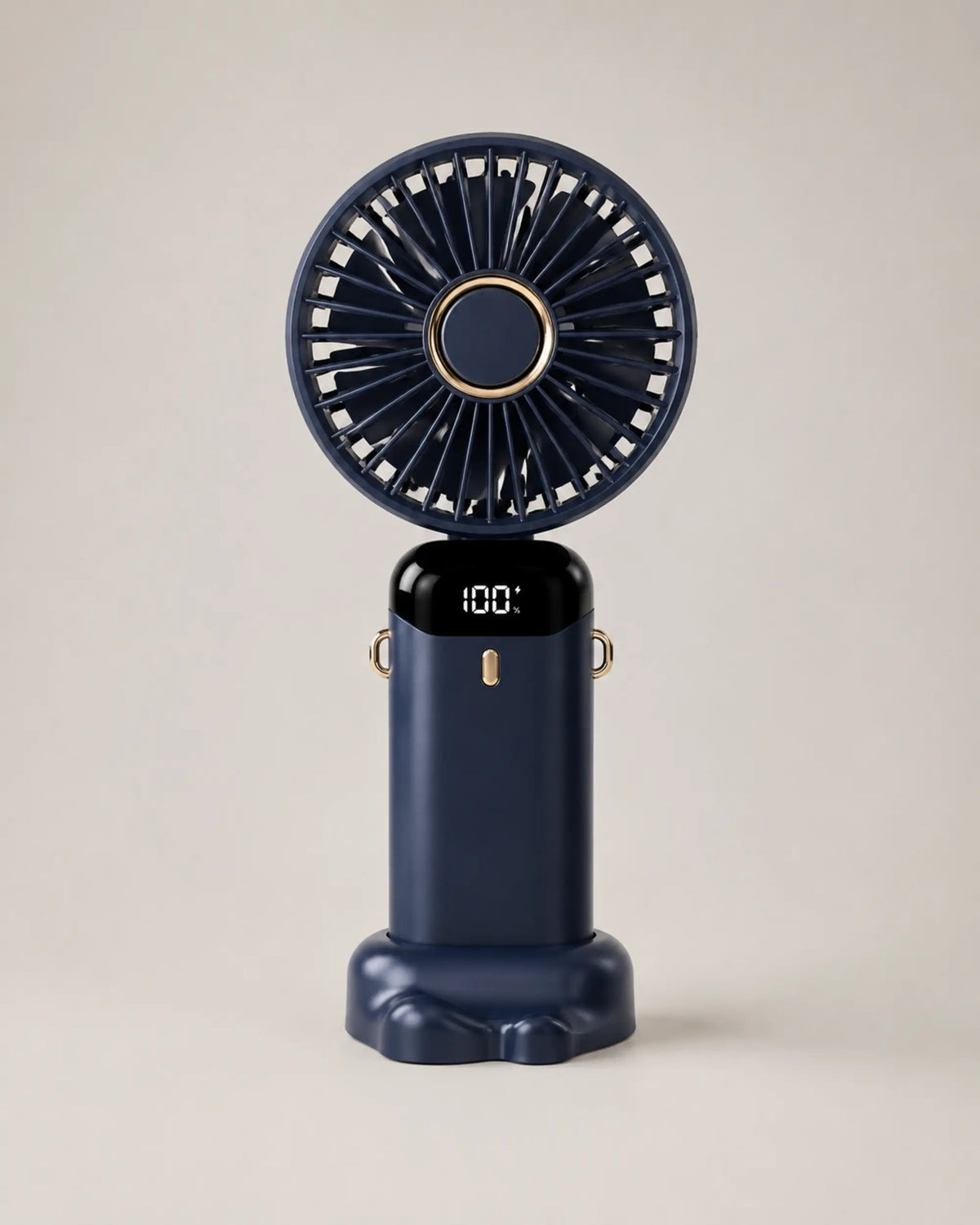 Navy Blue portable fan front view upright on sculpted desktop base