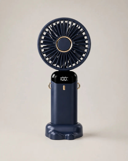 Navy Blue portable fan front view upright on sculpted desktop base