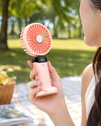 Pink handheld portable fan used during a sunny park picnic