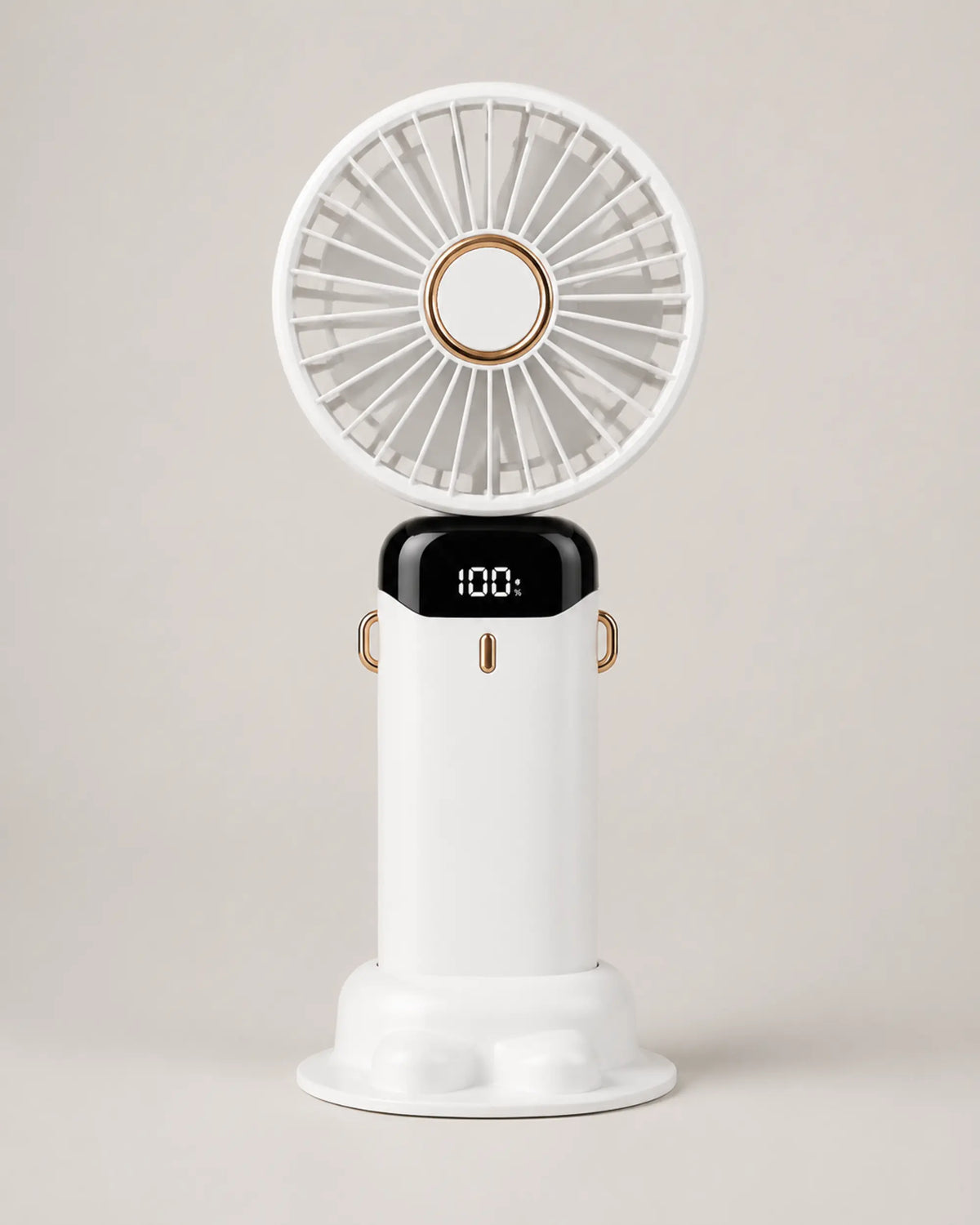 White portable fan front view upright on its sculpted desktop base